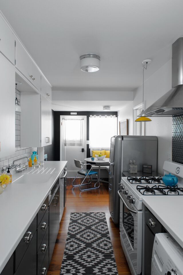 galley kitchen Sarah Phipps Design grey smeg refridgerator